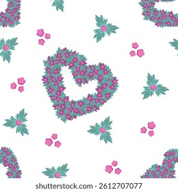 Seamless pattern with purple floral heart on white background
