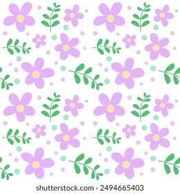 seamless pattern with purple floral and polka dot on white background 