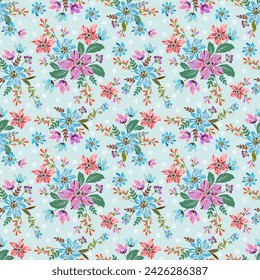 Seamless pattern of purple floral prints sweet pink blue On a romantic colored background for fabric and wallpaper. Natural Spring Flower Gift Wrapping Paper