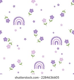 Seamless pattern with purple flower and rainbow on white background vector illustration. Cute floral print.