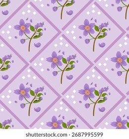 Seamless pattern with purple flowers arranged in a diamond grid on a soft lavender background. Perfect for fabric, wrapping paper, and feminine designs.