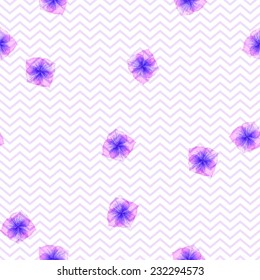 Seamless pattern with Purple flowers  and chevron Vectorized watercolor drawing.  