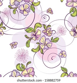 Seamless pattern of purple flowers with circles