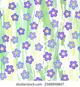 Seamless pattern of purple flowers. Cute summer design in country style. Graceful violet flowers on abstract green background. Lots of little random five petals flowers. Floral background