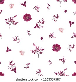 Seamless pattern with purple flowers dahlia, tender pink succulents and abstract branches. Vector illustration in vintage style on white background.