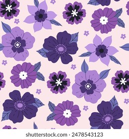 Patrón sin costuras de flores moradas de diferentes Formas. Vector gráfico