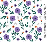Seamless pattern of purple flowers and green leaves with orange buds