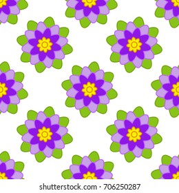 Seamless pattern of purple flowers with green leaves on a white background