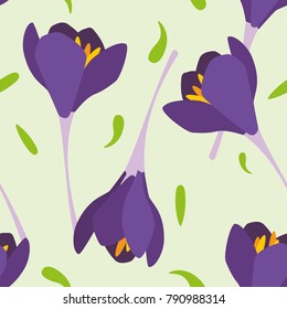 Seamless pattern of purple flowers and green leaves with green background
