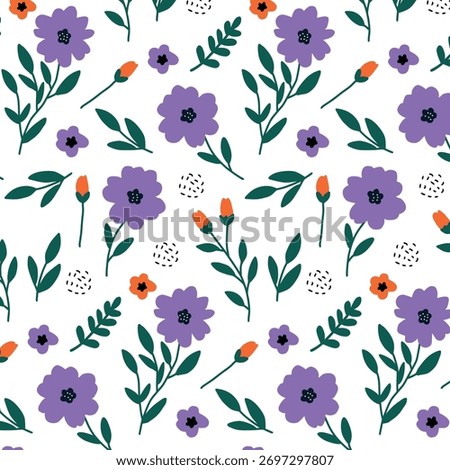 Seamless pattern of purple flowers and green leaves with orange buds