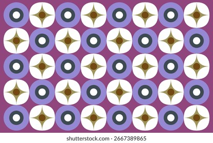 seamless pattern with purple flowers. An Indonesian ethnic batik style vector with a repeating geometric circle pattern in a lavender, brown, and white color scheme on a purple background