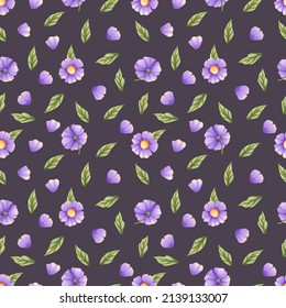 Nahtloses Muster mit violetten Blumen und Blättern auf dunklem Hintergrund. Ideal für Stoff, Wickelpapier, Scrapbooking, Tapete.