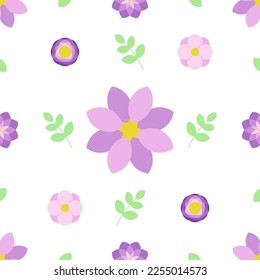 seamless pattern of purple flowers and leaves