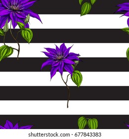 Seamless pattern with purple flowers, leaves and stems on black and white background. Vector