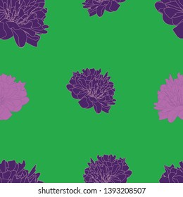 Seamless pattern of purple flowers on a green background