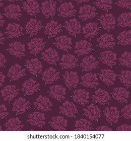Patrón sin foco de flores moradas sobre un fondo de crimson
