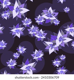 Seamless pattern with purple flowers on a dark background. Vector illustration for prints on fabrics, packaging and for design and creation of backgrounds and fills in spring style