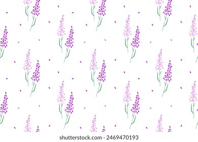 Seamless pattern with purple flowers on a white background. Botanical plant illustration. For fabric, textile, cover design. Vector design 