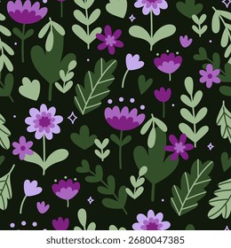 Seamless pattern with purple flowers on a dark background. Vector graphics.