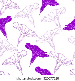 Seamless pattern with purple flowers on a white background. Hand drawn artwork for textiles, fabrics, souvenirs, packaging and greeting cards.