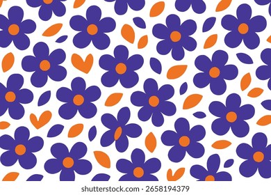 Patrón sin fisuras Flores púrpuras Naranja Hojas Corazones