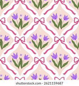 Seamless pattern with purple flowers and pink bows. Vector graphics.