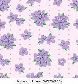 Seamless pattern of purple flowers and polka dot, purple tone background, Modern floral pattern, Vintage floral background, Pattern for design wallpaper, Gift wrap paper and fashion prints.