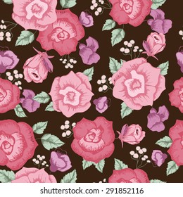 Seamless pattern with purple flowers , with red and pink roses . with berries . floral pattern . vector on a brown background