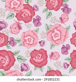 Seamless pattern with purple flowers , with red and pink roses . with berries . floral pattern . Vector on a light background