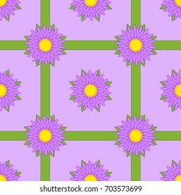 Seamless pattern of purple flowers with ribbons and leaves on a purple background.