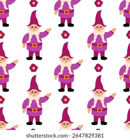 Seamless Pattern. Purple Garden Gnome with flower. Vector flat illustration.