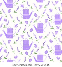 Seamless Pattern with Purple Garden Watering Can, Geometric Design, and Lavender Branches with Purple Flowers on a White Background