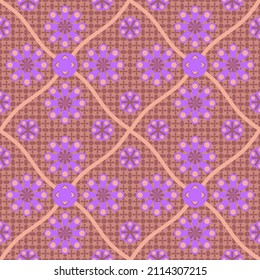 Seamless pattern with purple geometric colors and brown tracery for carpets, covers, websites, backgrounds, screensavers, gift packages, postcards