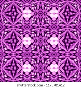 Seamless pattern from purple geometrical abstract ornaments on a dark background. Vector illustration. Suitable for fabric, wallpaper and wrapping paper