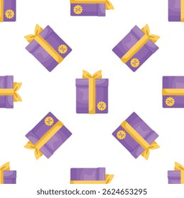 Seamless pattern of purple gift boxes with yellow ribbons and discount sticker showing sales and promotions, perfect for marketing campaigns and e commerce