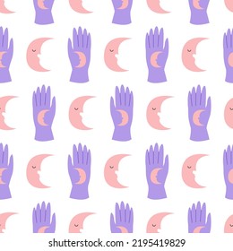 Seamless pattern with purple gloves and crescent moon with cute face. Vector flat background