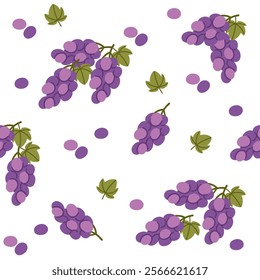 Seamless pattern of Purple grape with stem and leaf. Vector illustration on white background
