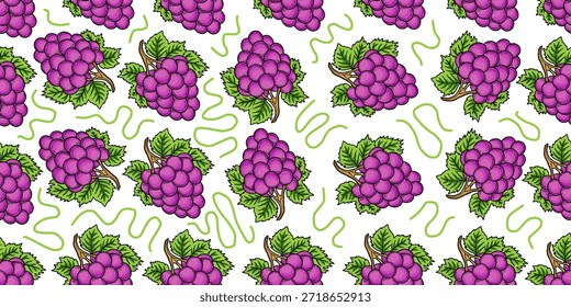 Patrón sin fisuras de uvas moradas con hojas verdes. Fondo de fruta fresca dibujado a mano