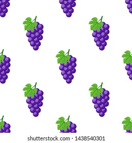 Seamless pattern with purple grapes on white background. Bunch of purple grapes with stem and leaf. Cartoon style. Vector illustration for design, web, wrapping paper, fabric, wallpaper.