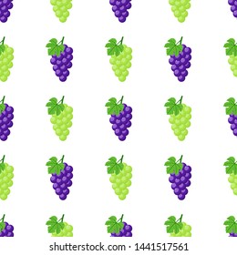 Seamless pattern with purple and green grapes on white background. Bunch of purple grapes with stem and leaf. Vector illustration for design, web, wrapping paper, fabric, wallpaper.