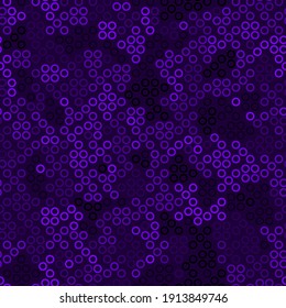Seamless pattern with purple halftone rings ordered grid vector illustration. Monochrome stylish texture. Chaos violet colored regularly repeating geometrical background.
