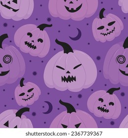 Nahtlose Muster von violetten Halloween-Kürbis. Großer schwarzer Hintergrund. Vektorgrafik