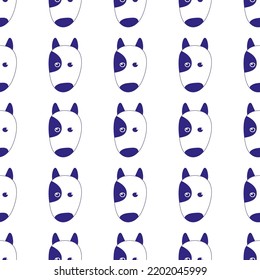 Seamless pattern with purple hand drawn dog pitbull in doodle style. Isolated on white background. For fabric, textile, for kids