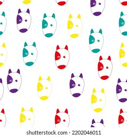 Seamless pattern with purple hand drawn colorful dog pitbull in doodle style. Isolated on white background. For fabric, textile, for kids