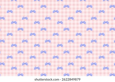 Seamless pattern with purple hand-drawn bows on pink gingham background – cute vintage-inspired design for fabric, wrapping paper, and digital use