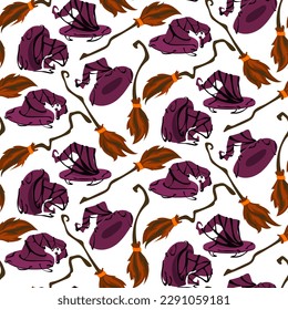 Seamless pattern with purple hat and witch's broom as a concept of mysticism, Gothic, Halloween horror on a white background. Flat vector illustration for printing on fabric, textiles, wrapping paper