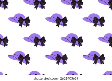 Seamless pattern with purple hats decorated with black bows