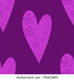 Seamless pattern of purple hearts and flowers on a claret background