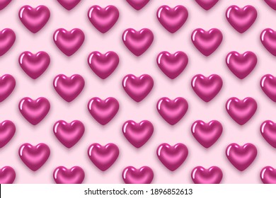 Seamless pattern with purple hearts. For Valentine's Day, Women's Day, Birthday. Realistic 3D illustration. On a pink background. Vector.