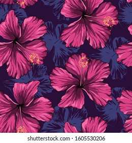 Seamless Pattern Of Purple Hibiscus Flowers For Fabric Pattern Design.Purple Floral Background Vector For Hawaiian Shirt Designs.Illustration Of Tropical Botanical Vegetation